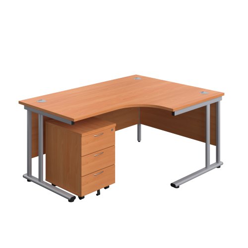 Twin Upright Right Hand Radial Desk + Mobile 3 Drawer Pedestal (FSC) 1600X1200 Beech/Silver