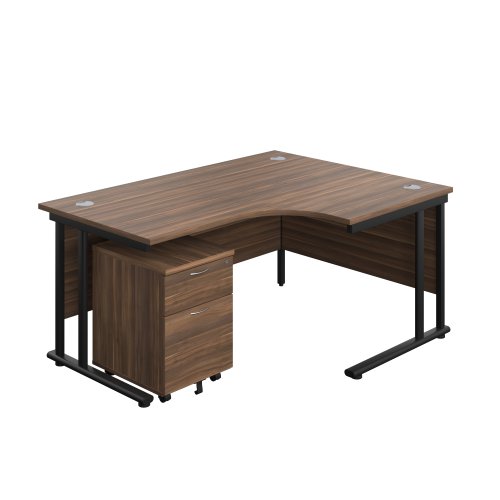Twin Upright Right Hand Radial Desk + Mobile 2 Drawer Pedestal (FSC) 1600X1200 Dark Walnut/Black