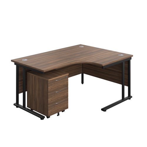 Twin Upright Right Hand Radial Desk + Mobile 3 Drawer Pedestal (FSC) 1600X1200 Dark Walnut/Black