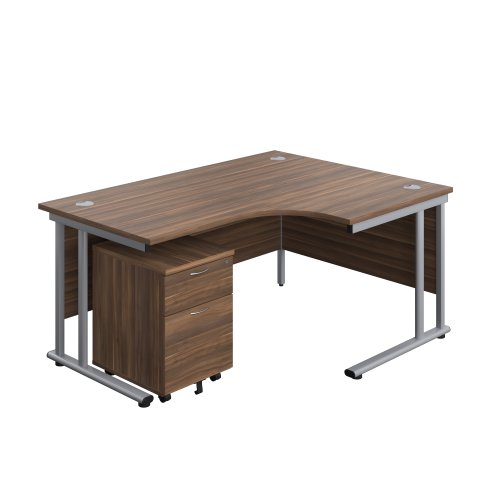 Twin Upright Right Hand Radial Desk + Mobile 2 Drawer Pedestal (FSC) 1600X1200 Dark Walnut/Silver