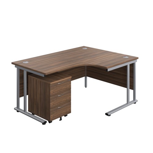 Twin Upright Right Hand Radial Desk + Mobile 3 Drawer Pedestal (FSC) 1600X1200 Dark Walnut/Silver