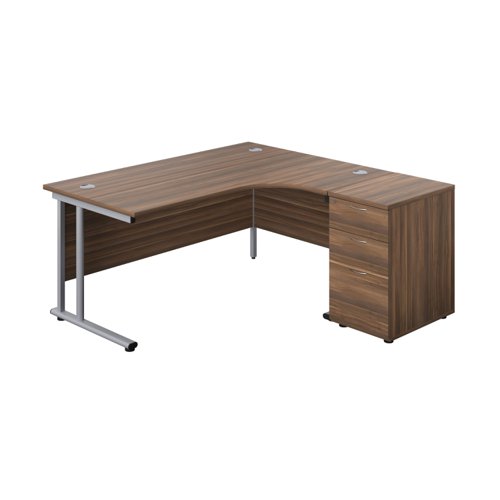 Twin Upright Right Hand Radial Desk + Desk High 3 Drawer Pedestal 1600X1200 600mm Deep Pedestal Dark Walnut/Silver