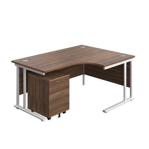 Twin Upright Right Hand Radial Desk + Mobile 2 Drawer Pedestal (FSC) 1600X1200 Dark Walnut/White