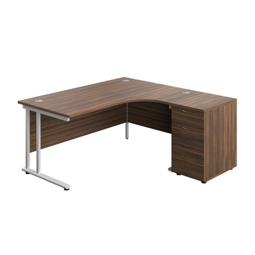Twin Upright Right Hand Radial Desk + Desk High 3 Drawer Pedestal (FSC) 1600X1200 600mm Deep Pedestal Dark Walnut/White