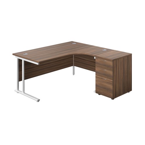 Twin Upright Right Hand Radial Desk + Desk High 3 Drawer Pedestal 1600X1200 600mm Deep Pedestal Dark Walnut/White