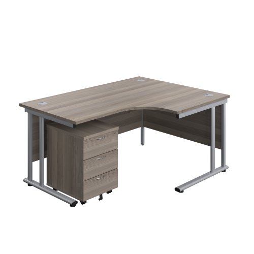 Twin Upright Right Hand Radial Desk + Mobile 3 Drawer Pedestal (FSC) 1600X1200 Grey Oak/Silver
