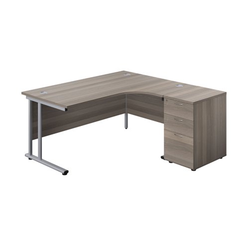 Twin Upright Right Hand Radial Desk + Desk High 3 Drawer Pedestal (FSC) 1600X1200 600mm Deep Pedestal Grey Oak/Silver