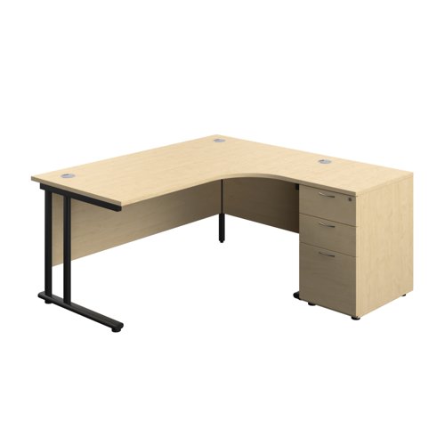 Twin Upright Right Hand Radial Desk + Desk High 3 Drawer Pedestal (FSC) 1600X1200 600mm Deep Pedestal Maple/Black