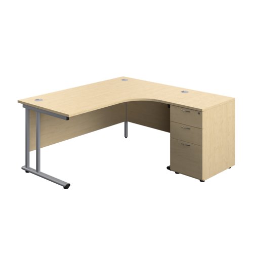 Twin Upright Right Hand Radial Desk + Desk High 3 Drawer Pedestal (FSC) 1600X1200 600mm Deep Pedestal Maple/Silver