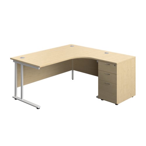 Twin Upright Right Hand Radial Desk + Desk High 3 Drawer Pedestal (FSC) 1600X1200 600mm Deep Pedestal Maple/White