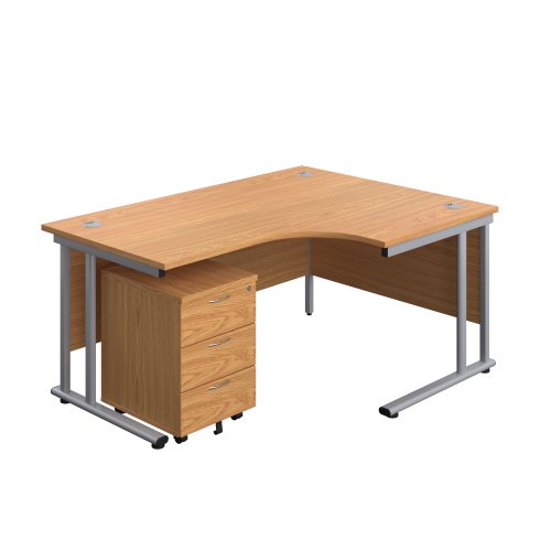 Twin Upright Right Hand Radial Desk + Mobile 3 Drawer Pedestal (FSC) 1600X1200 Nova Oak/Silver