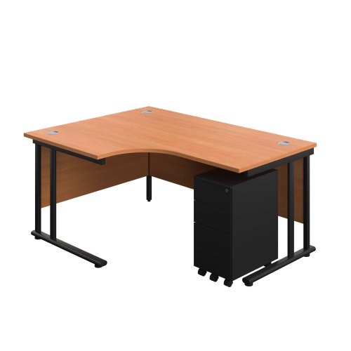 Twin Upright Right Hand Radial Desk + Under Desk Steel Pedestal 3 Drawers (FSC) 1600X1200 Beech/Black