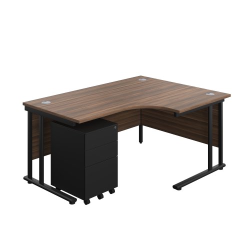 Twin Upright Right Hand Radial Desk + Under Desk Steel Pedestal 3 Drawers (FSC) 1600X1200 Dark Walnut/Black