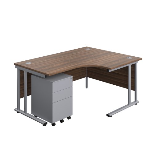 Twin Upright Right Hand Radial Desk + Under Desk Steel Pedestal 3 Drawers (FSC) 1600X1200 Dark Walnut/Silver