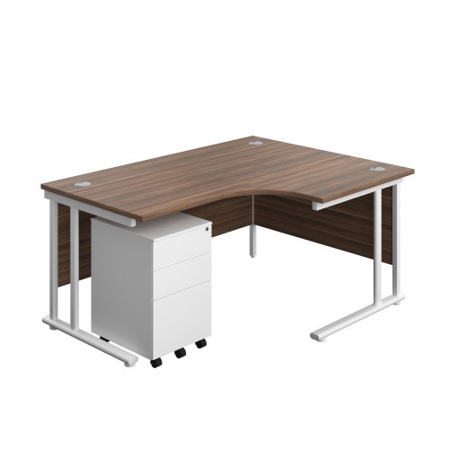 Twin Upright Right Hand Radial Desk + Under Desk Steel Pedestal 3 Drawers (FSC) 1600X1200 Dark Walnut/White
