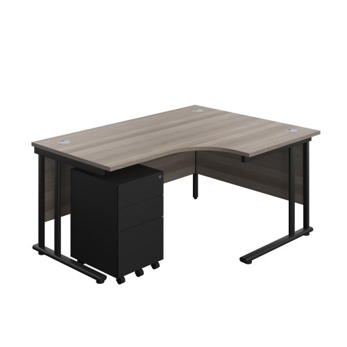 Twin Upright Right Hand Radial Desk + Under Desk Steel Pedestal 3 Drawers (FSC) 1600X1200 Grey Oak/Black