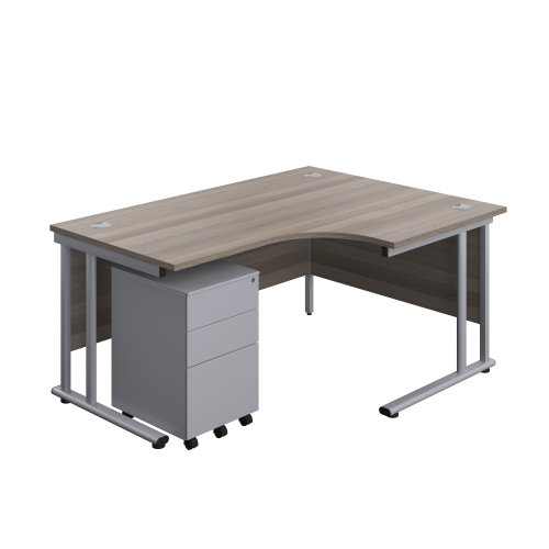 Twin Upright Right Hand Radial Desk + Under Desk Steel Pedestal 3 Drawers (FSC) 1600X1200 Grey Oak/Silver