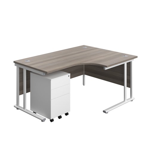 Twin Upright Right Hand Radial Desk + Under Desk Steel Pedestal 3 Drawers (FSC) 1600X1200 Grey Oak/White