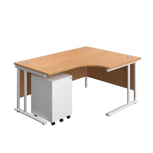 Twin Upright Right Hand Radial Desk + Under Desk Steel Pedestal 3 Drawers (FSC) 1600X1200 Nova Oak/White