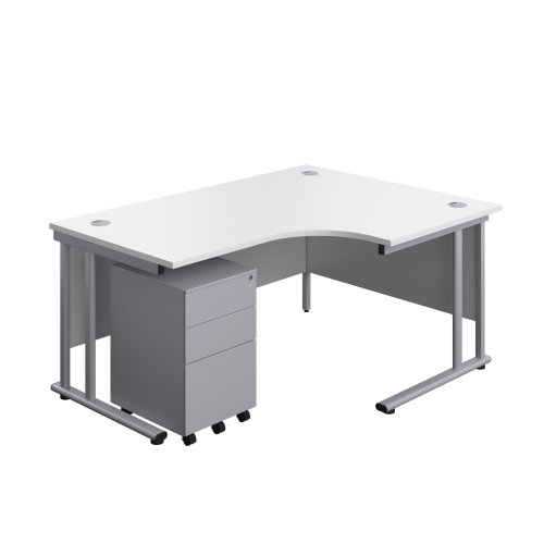 Twin Upright Right Hand Radial Desk + Under Desk Steel Pedestal 3 Drawers (FSC) 1600X1200 White/Silver