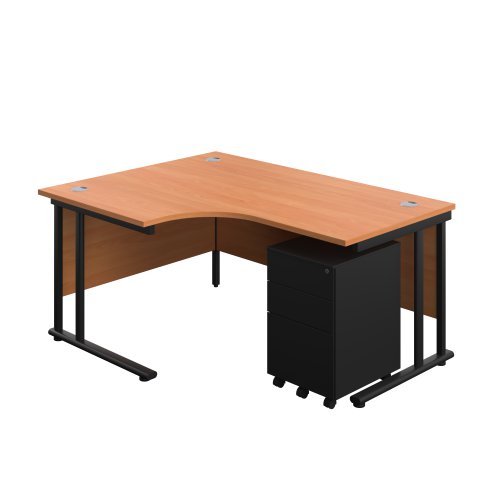 Twin Upright Right Hand Radial Desk + Slimline Steel Pedestal 3 Drawers (FSC) 1600X1200 Beech/Black
