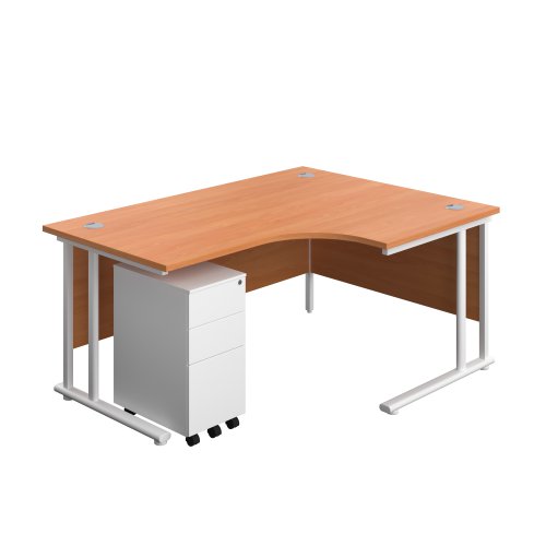 Twin Upright Right Hand Radial Desk + Slimline Steel Pedestal 3 Drawers (FSC) 1600X1200 Beech/White
