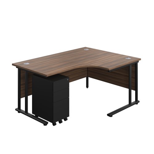 Twin Upright Right Hand Radial Desk + Slimline Steel Pedestal 3 Drawers (FSC) 1600X1200 Dark Walnut/Black