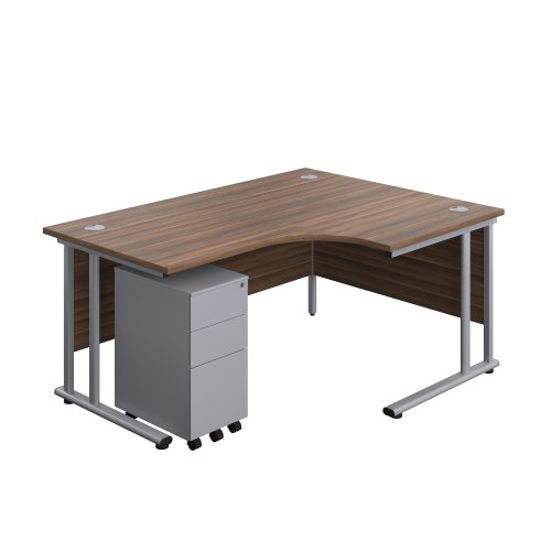 Twin Upright Right Hand Radial Desk + Slimline Steel Pedestal 3 Drawers (FSC) 1600X1200 Dark Walnut/Silver