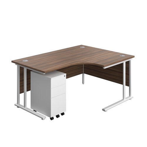 Twin Upright Right Hand Radial Desk + Slimline Steel Pedestal 3 Drawers (FSC) 1600X1200 Dark Walnut/White