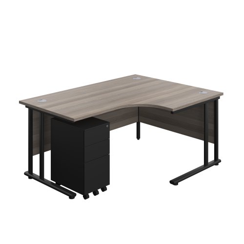 Twin Upright Right Hand Radial Desk + Slimline Steel Pedestal 3 Drawers (FSC) 1600X1200 Grey Oak/Black