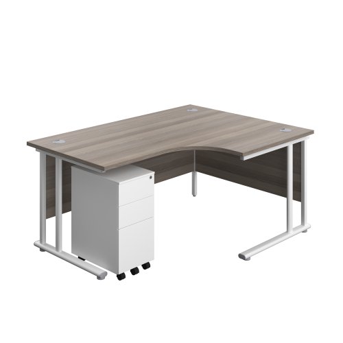 Twin Upright Right Hand Radial Desk + Slimline Steel Pedestal 3 Drawers (FSC) 1600X1200 Grey Oak/White