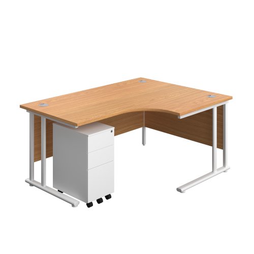 Twin Upright Right Hand Radial Desk + Slimline Steel Pedestal 3 Drawers (FSC) 1600X1200 Nova Oak/White