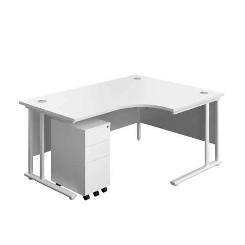 Twin Upright Right Hand Radial Desk + Slimline Steel Pedestal 3 Drawers (FSC) 1600X1200 White/White
