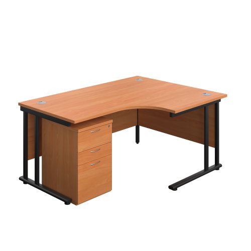 Twin Upright Right Hand Radial Desk + High Mobile Pedestal 3 Drawer (FSC) 1600X1200 Beech/Black