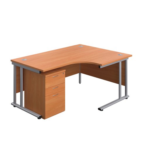 Twin Upright Right Hand Radial Desk + High Mobile Pedestal 3 Drawer (FSC) 1600X1200 Beech/Silver