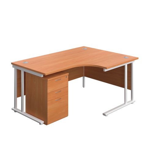 Twin Upright Right Hand Radial Desk + High Mobile Pedestal 3 Drawer (FSC) 1600X1200 Beech/White