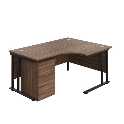 Twin Upright Right Hand Radial Desk + High Mobile Pedestal 3 Drawer (FSC) 1600X1200 Dark Walnut/Black