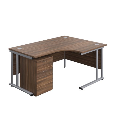 Twin Upright Right Hand Radial Desk + High Mobile Pedestal 3 Drawer (FSC) 1600X1200 Dark Walnut/Silver