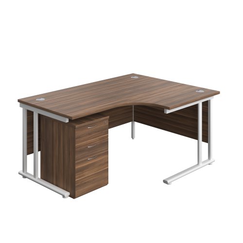 Twin Upright Right Hand Radial Desk + High Mobile Pedestal 3 Drawer (FSC) 1600X1200 Dark Walnut/White
