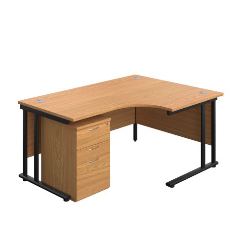 Twin Upright Right Hand Radial Desk + High Mobile Pedestal 3 Drawer (FSC) 1600X1200 Nova Oak/Black