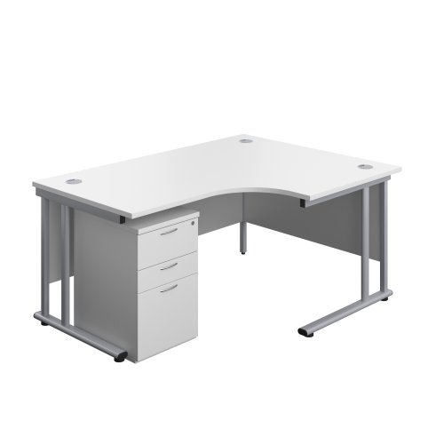 Twin Upright Right Hand Radial Desk + High Mobile Pedestal 3 Drawer (FSC) 1600X1200 White/Silver