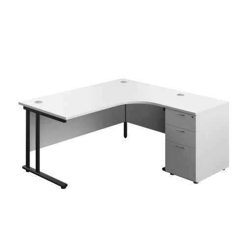 Twin Upright Right Hand Radial Desk + Desk High 3 Drawer Pedestal (FSC) 1600X1200 600mm Deep Pedestal White/Black