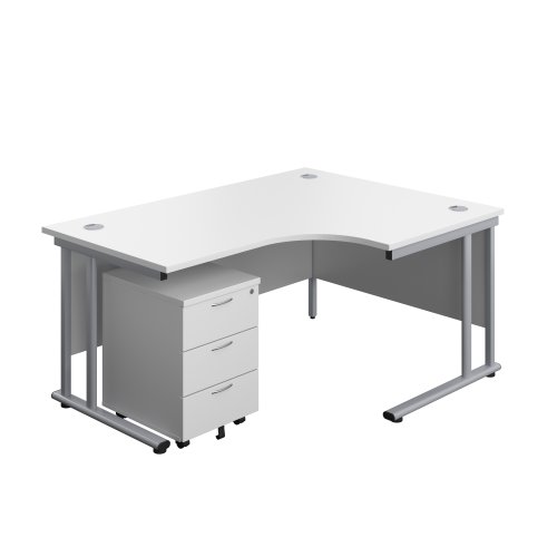 Twin Upright Right Hand Radial Desk + Mobile 3 Drawer Pedestal (FSC) 1600X1200 White/Silver