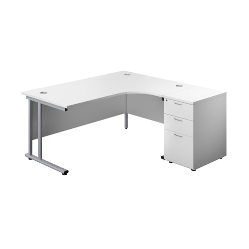 Twin Upright Right Hand Radial Desk + Desk High 3 Drawer Pedestal (FSC) 1600X1200 600mm Deep Pedestal White/Silver