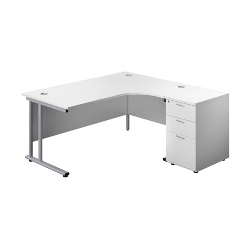 Twin Upright Right Hand Radial Desk + Desk High 3 Drawer Pedestal 1600X1200 600mm Deep Pedestal White/Silver