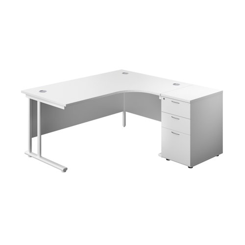 Twin Upright Right Hand Radial Desk + Desk High 3 Drawer Pedestal 1600X1200 600mm Deep Pedestal White/White
