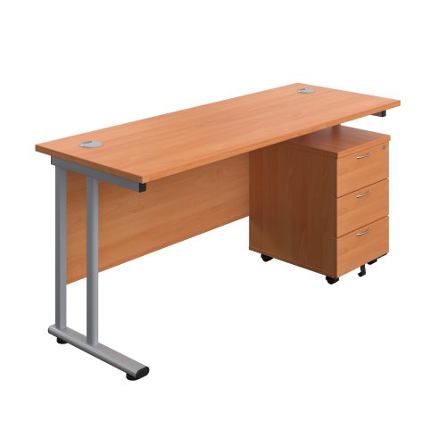 Twin Upright Rectangular Desk + Mobile 3 Drawer Pedestal (FSC) 1600X600 Beech/Silver
