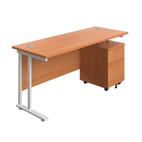 Twin Upright Rectangular Desk + Mobile 2 Drawer Pedestal (FSC) 1600X600 Beech/White
