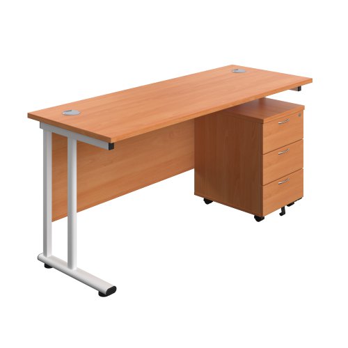 Twin Upright Rectangular Desk + Mobile 3 Drawer Pedestal (FSC) 1600X600 Beech/White