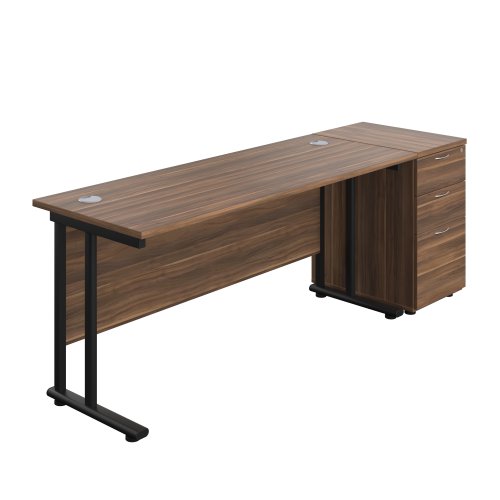 Twin Upright Rectangular Desk + Desk High 3 Drawer Pedestal (FSC) 1600X600 Dark Walnut/Black